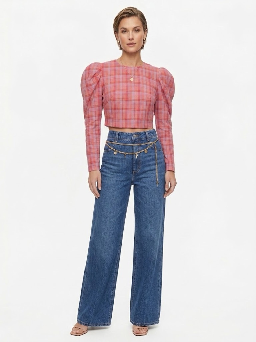 KOCH Pink & Purple Plaid Puff Sleeve Cropped Blouse Size Small